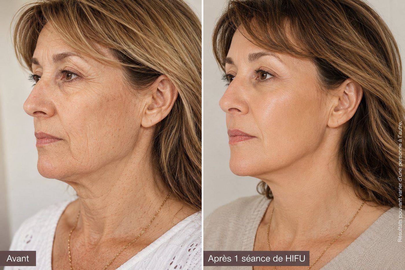 HIFU avant après visage Nice — résultats après 1 séance — Samantha Esthétique